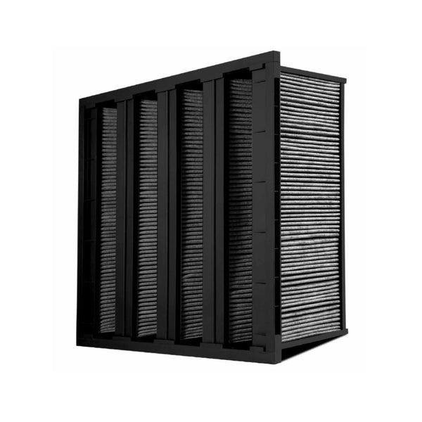 AccuraFil carbon V-bank air filter with four V-shaped pleated panels and a black frame, designed for molecular filtration in commercial and industrial facilities like hospitals and cleanrooms. 