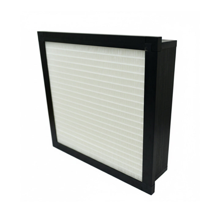 AccuraFil synthetic mini pleat air filter with a black plastic single header frame, designed for particulate filtration in commercial and industrial facilities like data centers, hospitals and cleanrooms.