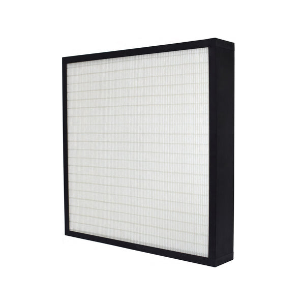 AccuraFil synthetic mini pleat air filter with a black plastic frame, designed for particulate filtration in commercial and industrial facilities like data centers, hospitals and cleanrooms.
