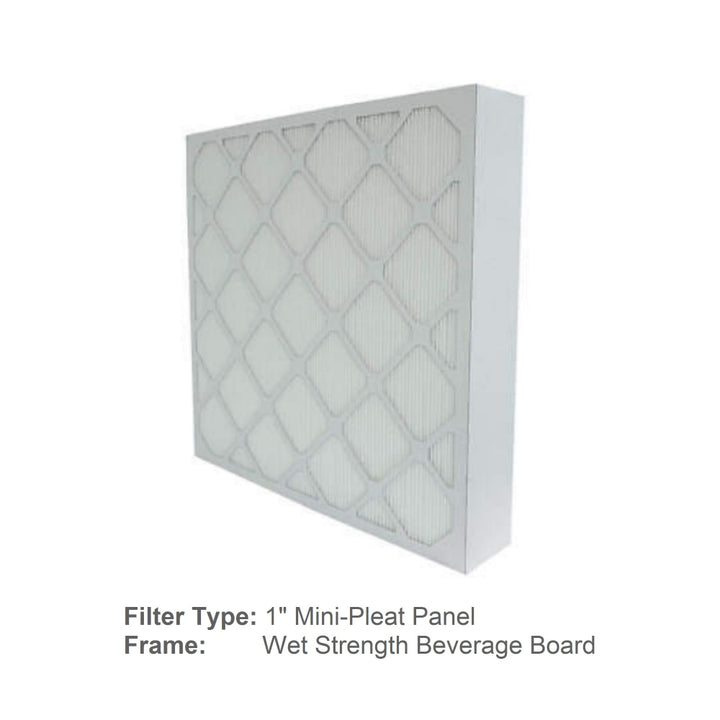 accurafil mini-pleat Air filter with text indicating filter type and frame material on a white background