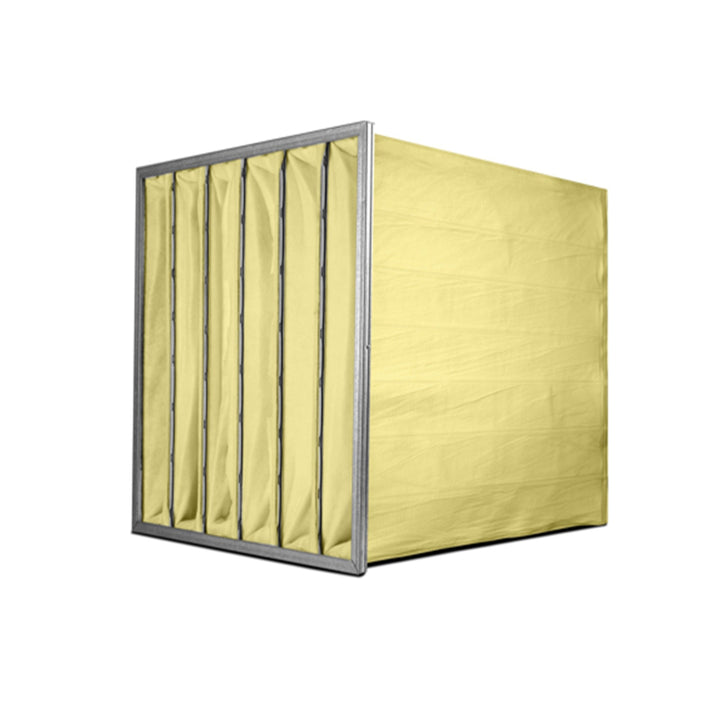 yellow AccuraFil synthetic pocket-bag air filter with six pockets and a metal frame, designed for particulate filtration in commercial and industrial facilities like data centers, hospitals and cleanrooms.