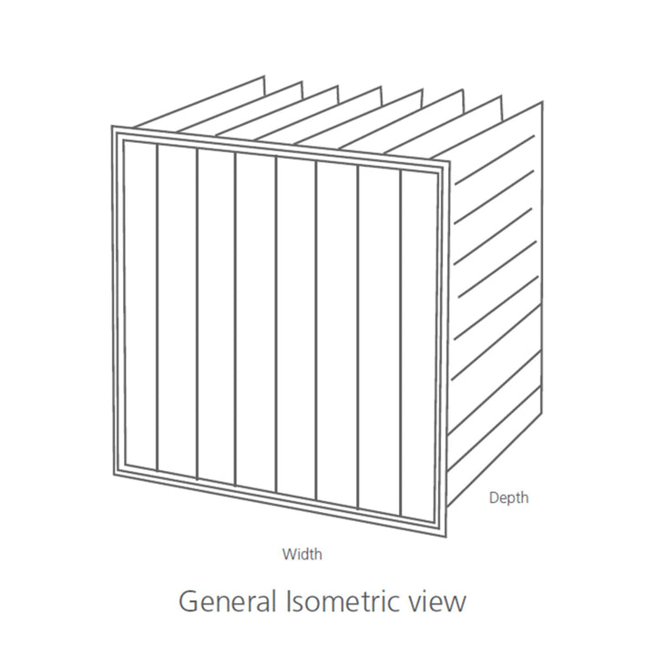 Isometric view diagram of an AccuraFil eight pockets bag air filter, designed for commercial and industrial facilities such as hospitals, cleanrooms, and data centers.