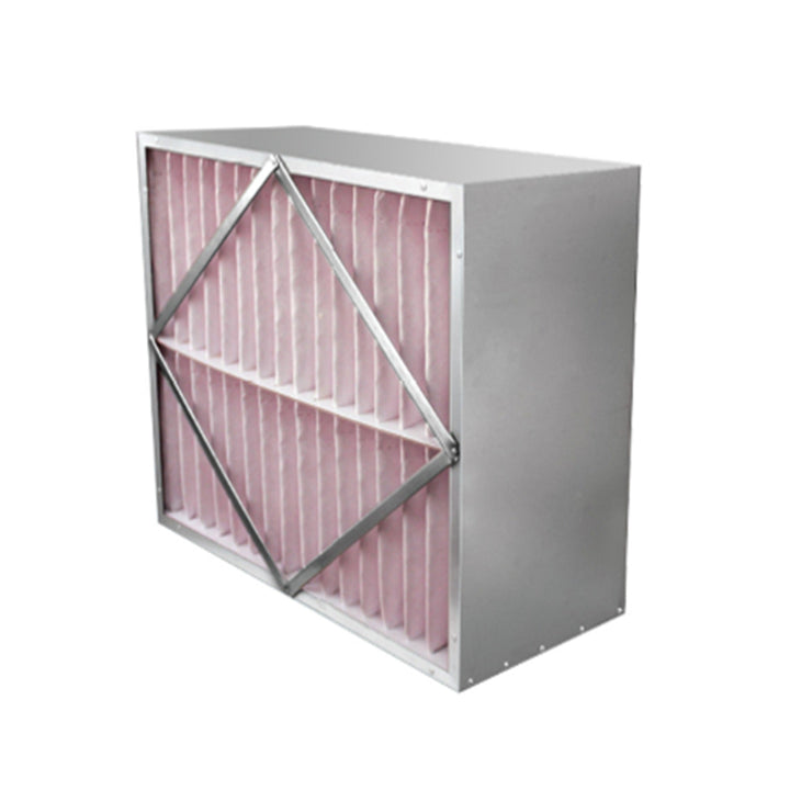 AccuraFil synthetic rigid cell air filter with pink deep pleated media and a metal frame, designed for particulate filtration in commercial and industrial facilities like data centers, hospitals and cleanrooms.