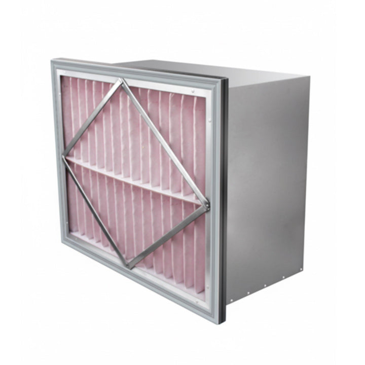 AccuraFil synthetic rigid cell air filter with pink deep pleated media and a metal frame, designed for particulate filtration in commercial and industrial facilities like data centers, hospitals and cleanrooms.
