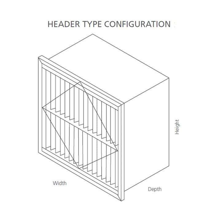 Isometric view of a rigid Cell single header Air filter with deep plated synthetic filter media with labeled dimensions on a white background.