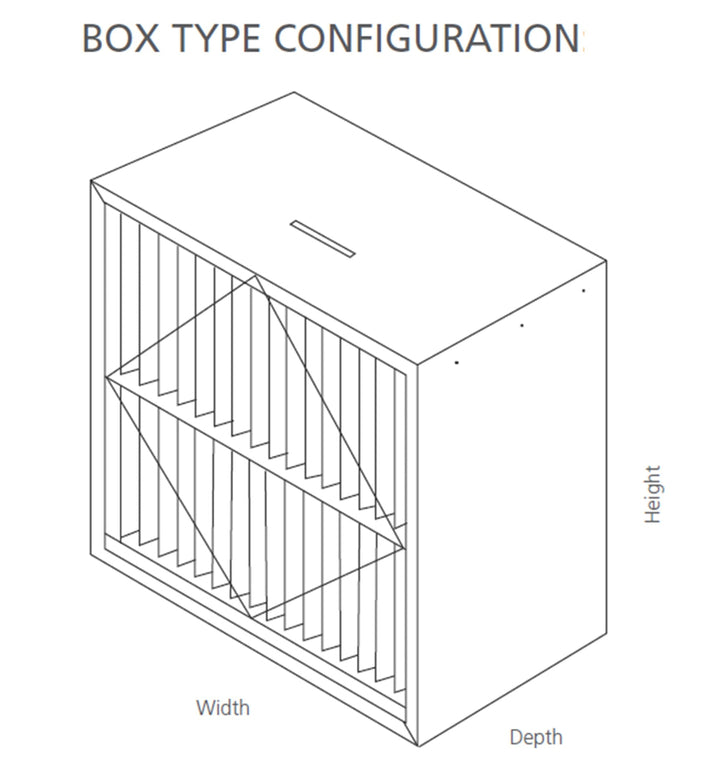 Isometric view of a rigid Cell Box Air filter with deep plated synthetic filter media with labeled dimensions on a white background.