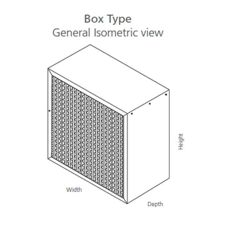 Isometric view of box A Shrae Cell Air filter with deep plated microglass media with labeled dimensions on a white background.