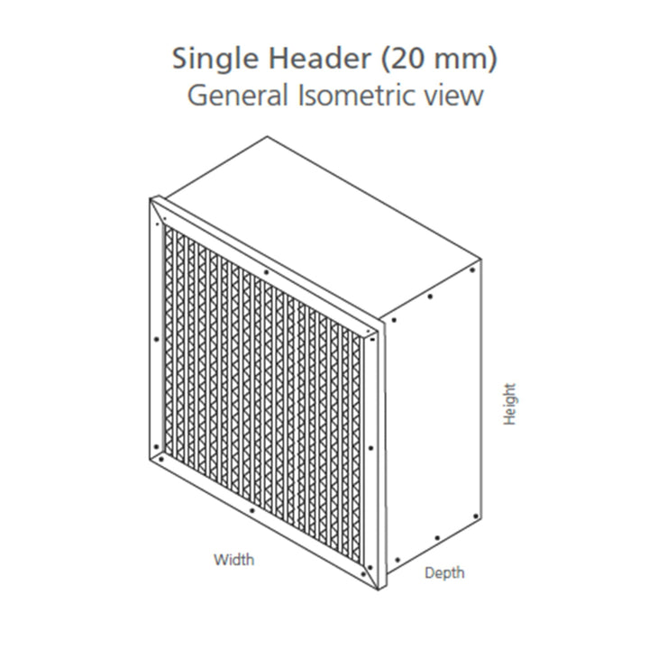 Isometric view of a single header AShrae Cell Air filter with deep plated microglass media with labeled dimensions on a white background.