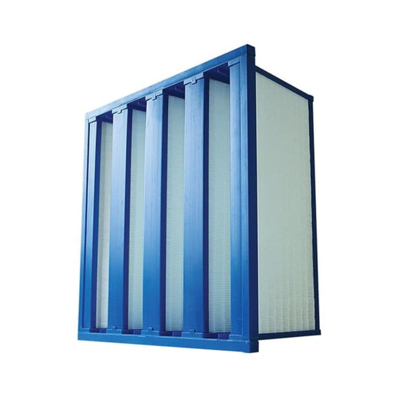 AccuraFil V-bank air filter with four V-shaped mini-pleat panels and a blue frame, designed for commercial and industrial facilities like hospitals and cleanrooms.