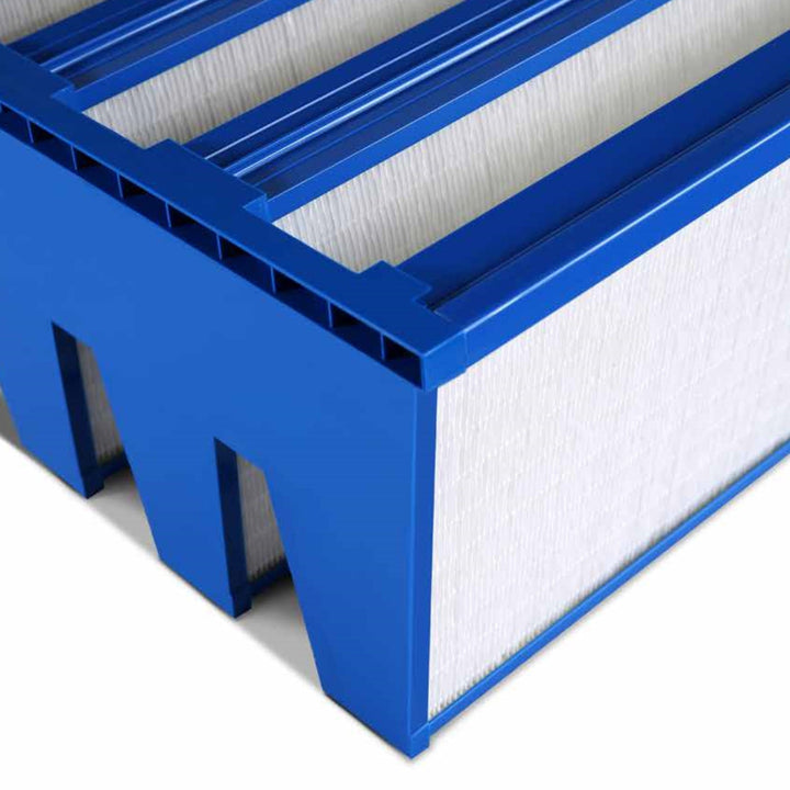 Blue AccuraFil microglass V-bank air filter with white  mini-pleat filter panels, designed for industrial and commercial facilities.