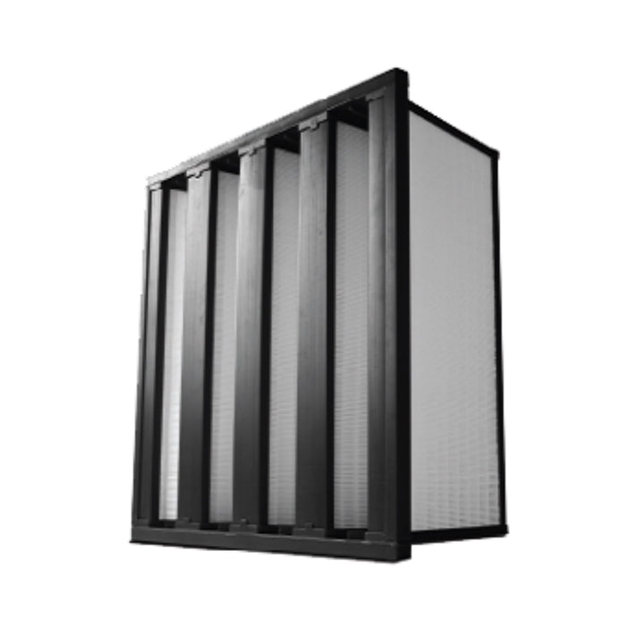 AccuraFil V-bank air filter with four V-shaped mini-pleat panels and a black frame, designed for commercial and industrial facilities like hospitals and cleanrooms.