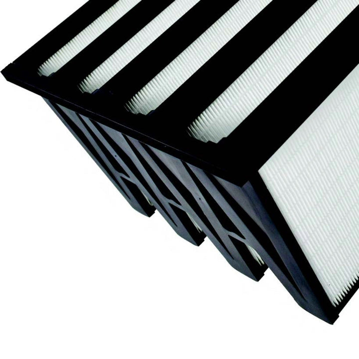 AccuraFil V-bank air filter with four V-shaped mini-pleat panels and a black frame, designed for commercial and industrial facilities like hospitals and cleanrooms.