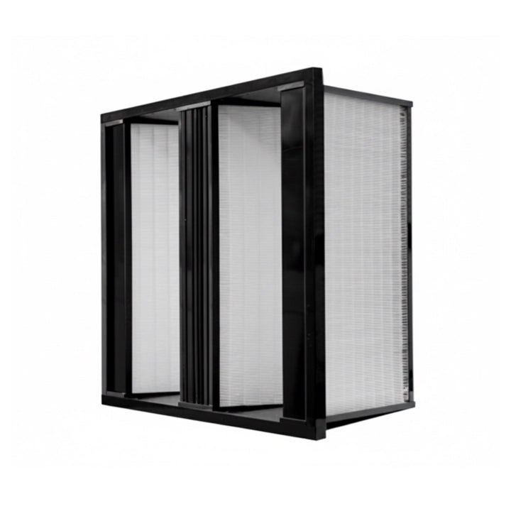 AccuraFil V-bank air filter with two V-shaped mini-pleat panels and a black frame, designed for commercial and industrial facilities like hospitals and cleanrooms.