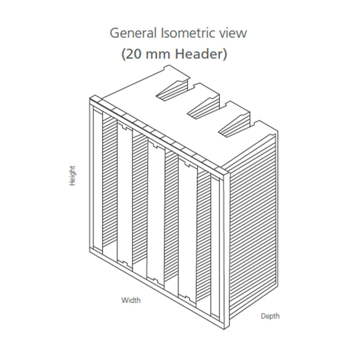 Isometric view diagram of an AccuraFil four-V bank air filter, designed for industrial facilities such as hospitals, cleanrooms, and data centers.