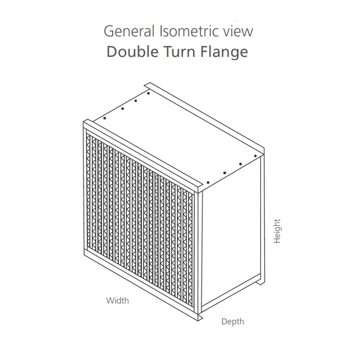 Isometric view of a double turn flange HEPA Air filter with deep plated microglass media with labeled dimensions on a white background.