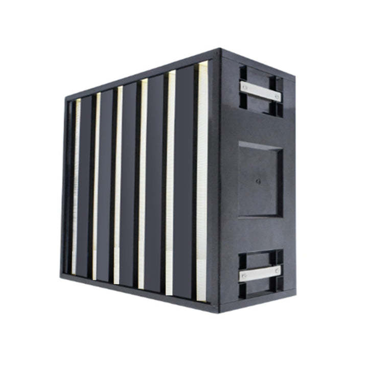 AccuraFil high volume HEPA air filter with mini pleated microglass pleated media and coated galvanized steel frame, designed for particulate filtration in commercial and industrial facilities like semiconductor facilities, hospitals and cleanrooms.