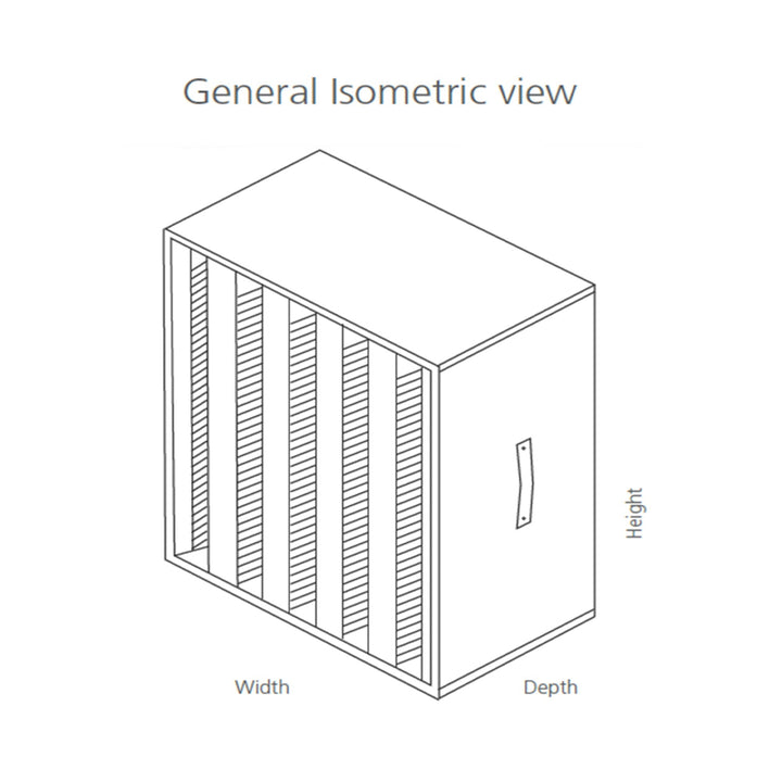 Isometric view diagram of an AccuraFil five-V bank HEPA air filter, designed for industrial facilities such as hospitals, cleanrooms, and data centers.